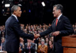 Image of Romney and Obama shake hands as debate begins