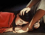 Image of Mary, the sister of Martha,  worshiping at the feet of the Lord is our model of prayer