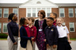 Image of Principal Claire Dant with students at Bethel Christian Academy in Savage Maryland