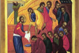 Image of He rose from supper and took off his outer garments. He took a towel and tied it around his waist. Then he poured water into a basin and began to wash the disciples' feet and dry them with the towel around his waist.